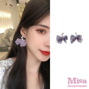 【MISA】韓國設計S925銀針氣質印花網紗蝴蝶結珍珠耳環 (2色任選)