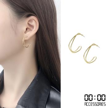 【00:00】韓國設計S925銀針幾何扭曲線條個性C圈耳環 (2色任選)