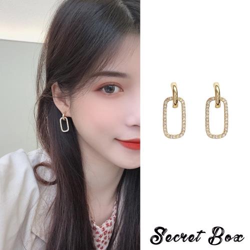 【SECRET BOX】韓國設計S925銀針微鑲美鑽幾何方形氣質耳環