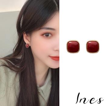 【INES】韓國設計S925銀針溫柔氣質暗紅色復古不規則寶石耳環 (2款任選)