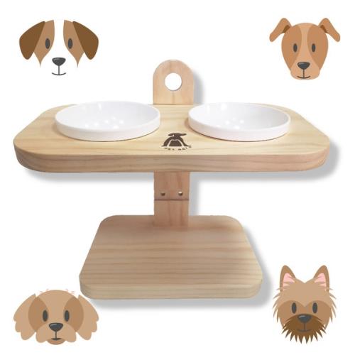 可調式原木碗架 兩口(陶瓷碗X2)(A2215)-寵物碗架 貓狗碗架 原木碗架 毛小孩 寵物碗 寵物餐桌