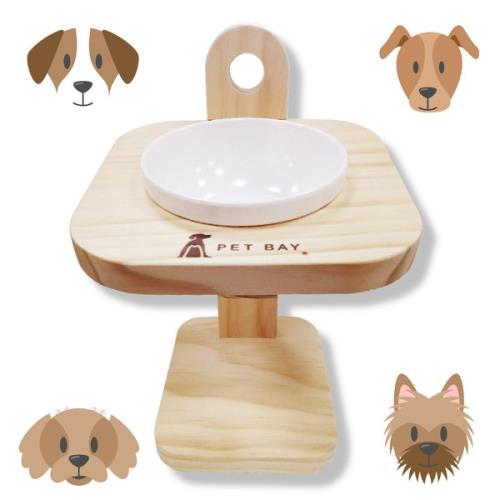 可調式原木碗架(單口)+陶瓷碗X1(A1215)-寵物碗架 貓狗碗架 原木碗架 毛小孩 寵物碗 寵物餐桌