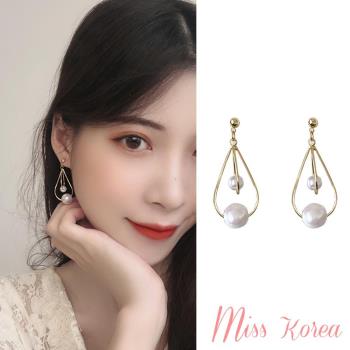 【MISS KOREA】韓國設計S925銀針復古水滴幾何線條雙層珍珠耳環
