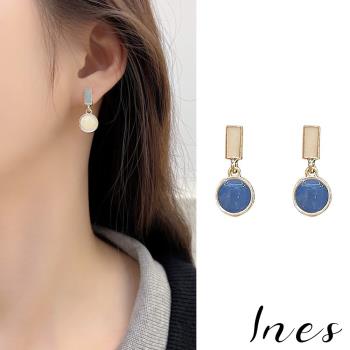 【INES】韓國設計S925銀針幾何圓圈撞色滴釉造型耳環 (2色任選)