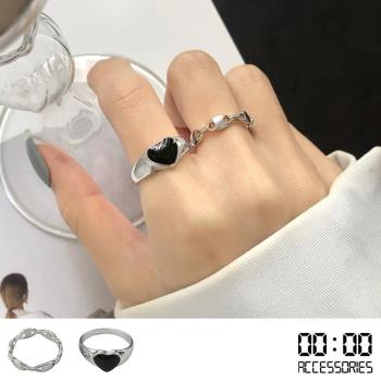【00:00】韓國設計黑桃心個性戒指兩件套組