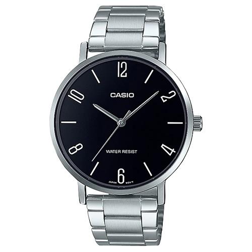 【CASIO 卡西歐】簡約丁字時尚男錶 不鏽鋼錶帶 黑色錶面 日常生活防水(MTP-VT01D-1B2)