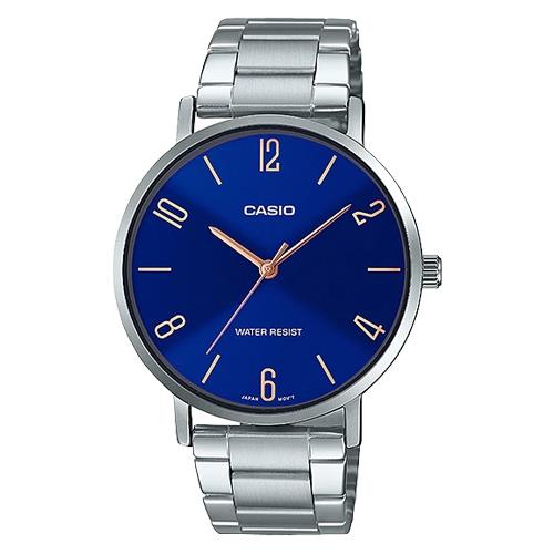 【CASIO 卡西歐】簡約丁字時尚男錶 不鏽鋼錶帶 藍色錶面 日常生活防水(MTP-VT01D-2B2)