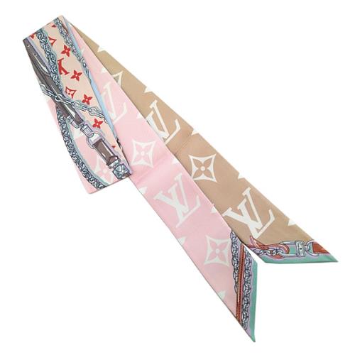 LV 粉紅水藍雙色字紋+鍊帶鎖釦印花長絲巾