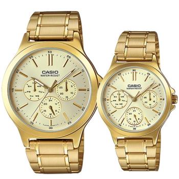 【CASIO 卡西歐】三眼對錶 指標錶 不鏽鋼錶帶 礦物玻璃 生活防水(MTP-V300G-9A+LTP-V300G-9A)