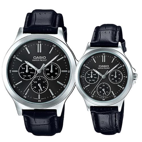 【CASIO 卡西歐】三眼對錶 指針錶 皮革錶帶 生活防水 礦物玻璃(MTP-V300L-1A+LTP-V300L-1A)