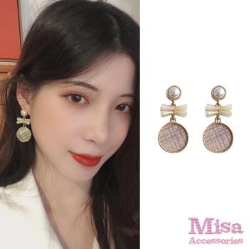 【MISA】韓國設計S925銀針清新甜美格子布蝴蝶結珍珠耳環 (2色任選)
