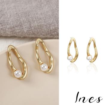 【INES】不規則金屬質感珍珠鑲嵌造型耳環