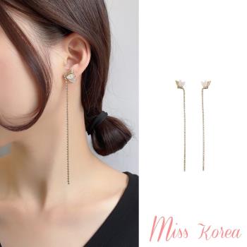 【MISS KOREA】韓國設計S925銀針貝殼蝴蝶翅膀水鑽長鍊流蘇耳環