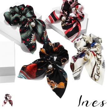 【INES】時尚印花絲帶蝴蝶結珍珠吊墜造型氣質髮繩 (13款任選)