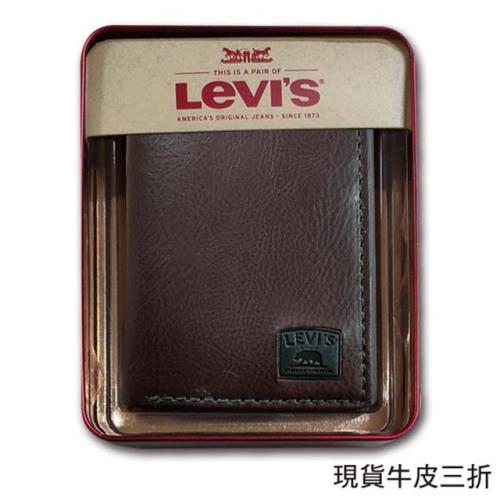 【Levis】Levis 男皮夾 短夾 三折 牛皮夾 經典鐵盒裝／咖
