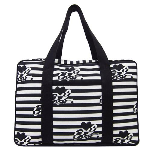 agnes b.ab heart 橫條紋帆布旅行袋(黑)