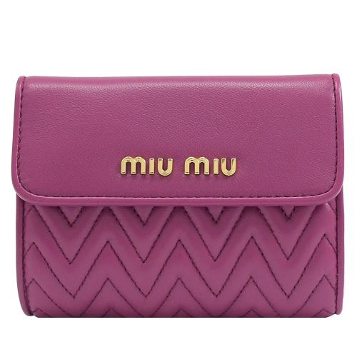 MIU MIU 5ML002 經典車線羊皮翻蓋扣式拉鍊零錢短夾.紫紅