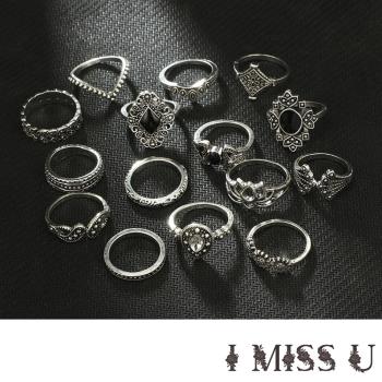 【I MISS U】復古民族風黑色滴釉寶石圖騰元素關節戒15件戒指套組