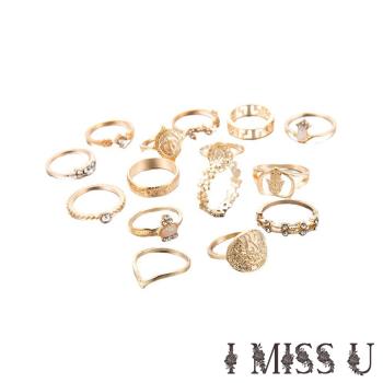 【I MISS U】時尚民族風復古金色頭像金幣十字架戒指15件套組