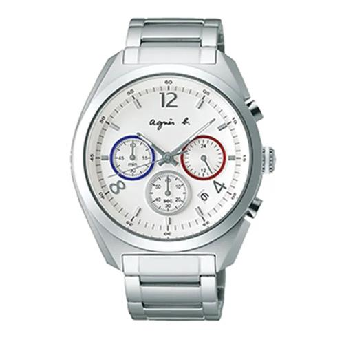 agnes b.法國國旗配色低調質感三眼計時腕錶-銀42mm(BT3001X1)