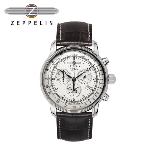 齊柏林飛船錶 Zeppelin 76801 百年紀念三眼測速白盤石英錶 42mm 男/女錶 