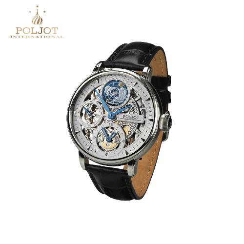 POLJOT 德國寶傑錶 9730.2940551 GMT鏤空銀盤地球機械錶 43mm 男/女錶