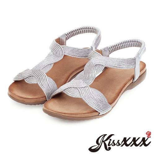 【Kissxxx】真皮涼鞋平底涼鞋/復古編織繞繩工字造型平底涼鞋 銀