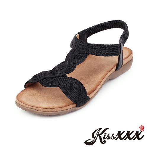 【Kissxxx】真皮涼鞋平底涼鞋/復古編織繞繩工字造型平底涼鞋 黑