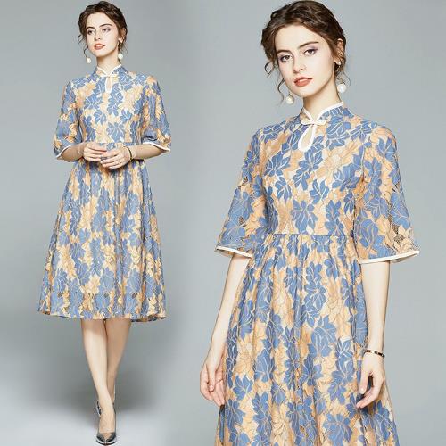 M2M-復古旗袍領藍杏花蕾絲洋裝S-2XL