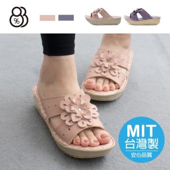 【88%】MIT台灣製 前2.5後4.5cm拖鞋 休閒百搭立體花朵 皮革楔型厚底圓頭涼拖鞋