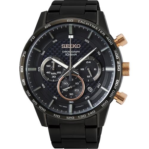 SEIKO精工CS獨賣賽車三眼黑鋼帶計時手錶45.2mm (SSB361P2/8T63-00L0SD)
