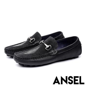 【ANSEL】真皮樂福鞋休閒鞋 /真皮頭層牛皮時尚皇冠馬銜釦造型義式樂福休閒鞋-男鞋 黑