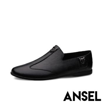 【ANSEL】真皮樂福鞋休閒鞋/真皮頭層牛皮復古車線拼接型男休閒樂福鞋-男鞋 黑