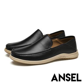 【ANSEL】真皮樂福鞋休閒樂福鞋/真皮頭層牛皮兩穿法質感皮紋紳士休閒樂福鞋-男鞋 A款素面黑