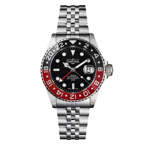 DAVOSA 161.571.09 黑紅雙色水鬼王 TT GMT雙色雙時區陶瓷圈200M潛水錶-黑5銖鋼帶款42mm