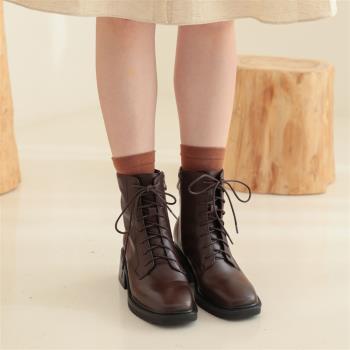 【WYPEX】現貨+預購 /方頭英倫風真皮女粗跟馬丁靴綁帶低跟短靴黑色