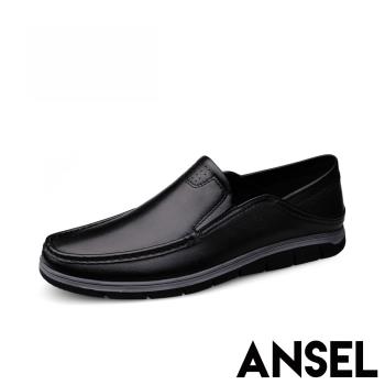 【ANSEL】真皮樂福鞋平底樂福鞋/全真皮頭層牛皮兩穿法素面百搭平底樂福鞋-男鞋 黑