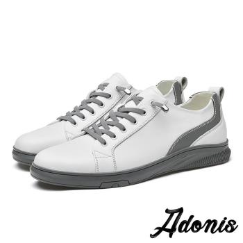【Adonis】真皮休閒鞋平底休閒鞋/真皮頭層牛皮流線撞色拼接造型平底休閒鞋-男鞋 白