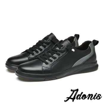 【Adonis】真皮休閒鞋平底休閒鞋/真皮頭層牛皮流線撞色拼接造型平底休閒鞋-男鞋 黑