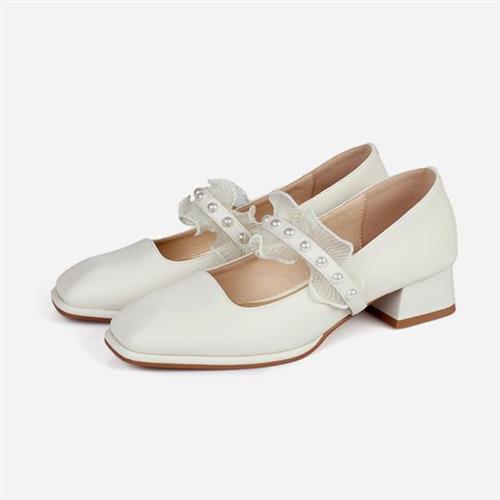 【Taroko】氣質網紗珍珠真牛皮瑪莉珍鞋(2色可選)