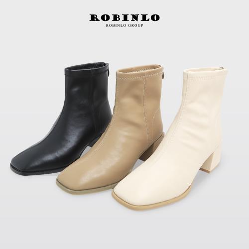 Robinlo時尚升級斜紋方頭高跟短靴 JULIET-極簡黑/奶油白/奶茶杏