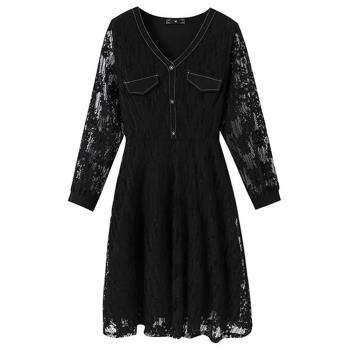 麗質達人 - 6658黑色蕾絲長袖洋裝