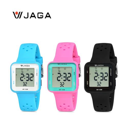 台灣製造 JAGA 捷卡M1215 兒童時尚休閒方形液晶顯示多功能防水游泳電子錶
