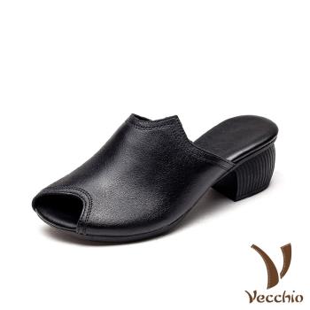 【Vecchio】真皮拖鞋粗跟拖鞋/全真皮頭層牛皮不規則鞋口造型舒適寬楦粗跟拖鞋 黑