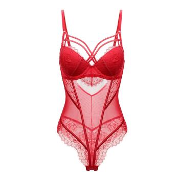 【PinLe】法式蕾絲透明性感聚攏上托修身連身衣(紅) bra-A006
