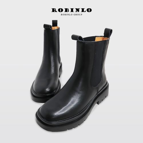 Robinlo頂級質感全真皮厚底切爾西中筒靴 DUGAN-極簡黑