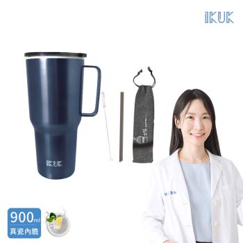 【IKUK艾可】陶瓷手把冰壩杯900ml長效保冰(附Tritan 環保吸管、吸管收納袋;珍珠可吸 環保杯 咖啡杯 可裝超商特大杯)