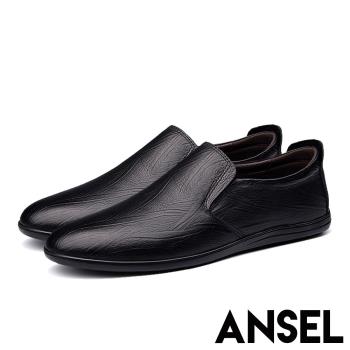 【ANSEL】真皮樂福鞋休閒樂福鞋/真皮頭層牛皮流線壓紋紳士樂福鞋-男鞋 黑