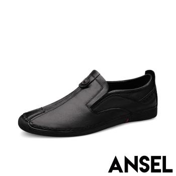 【ANSEL】真皮樂福鞋休閒樂福鞋/真皮頭層牛皮縫線拼接舒適休閒樂福鞋-男鞋 黑