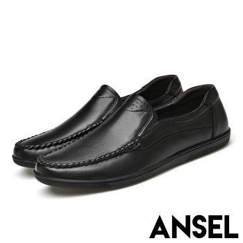 【ANSEL】真皮樂福鞋休閒樂福鞋/真皮頭層牛皮立體縫線滾邊休閒樂福鞋-男鞋 黑